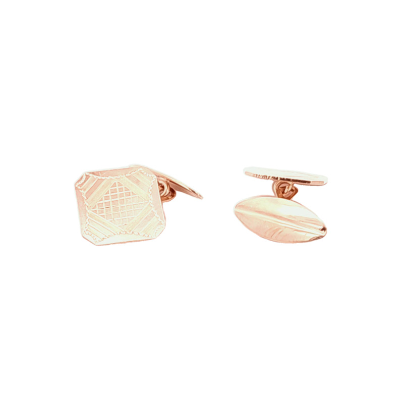 Estate 18 Karat Yellow Gold French Style Cufflinks With A Hand Engraved Geometric Pattern