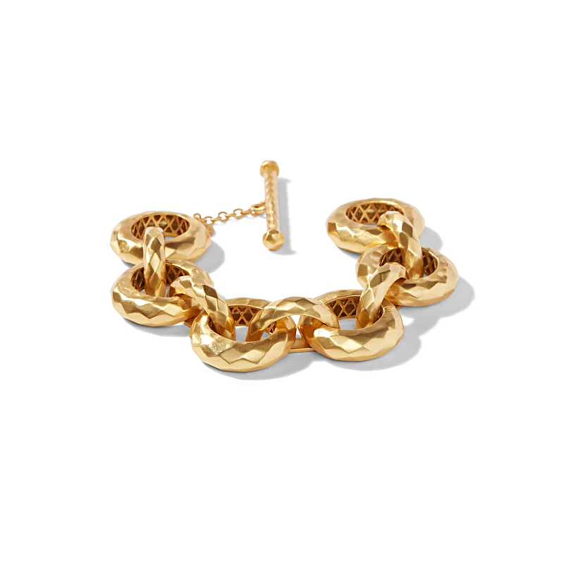 Julie Vos 24 karat gold plated Savannah bracelet contains round links alternating with half round links all with a hammered design   measuring 7