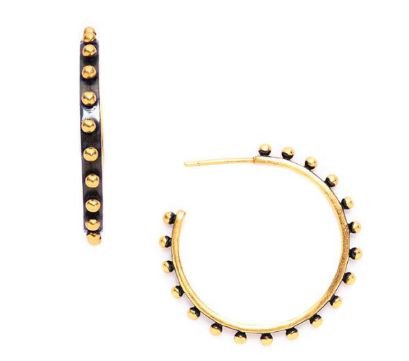 Julie Vos 24 Karat Yellow Gold Plated Soho Medium Beaded Hoop Earrings Having A Black Finish With Yellow Gold Bead Accents