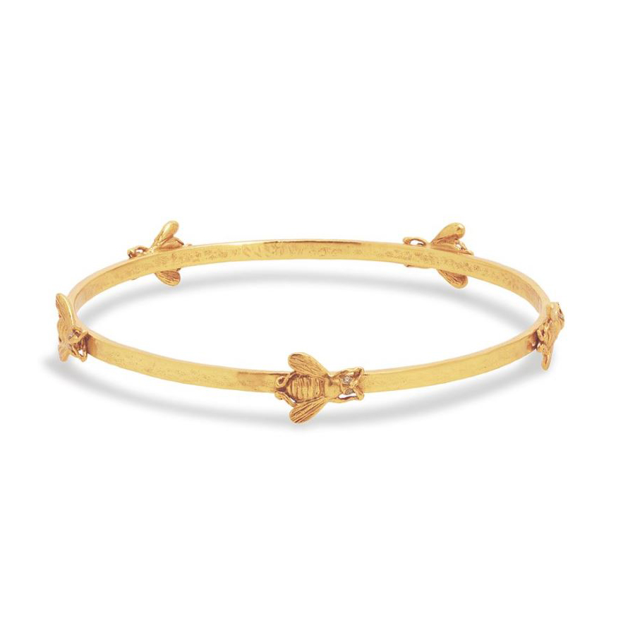 Julie Vos 24 Karat Gold Plated Lightly Hammered Bangle Bracelet With 5 Bee Stations  Each With Sparkling Zircon Eyes
