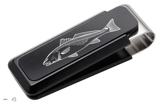 M-Clip Ultralight Aluminum Black Redfish Money Clip Having Engraved Redfish Design In Center.