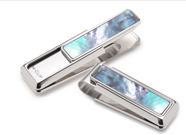 RHODIUM MONEY CLIP HAVING GRAY/BLACK MOTHER OF PEARL INLAID ON EACH SIDE