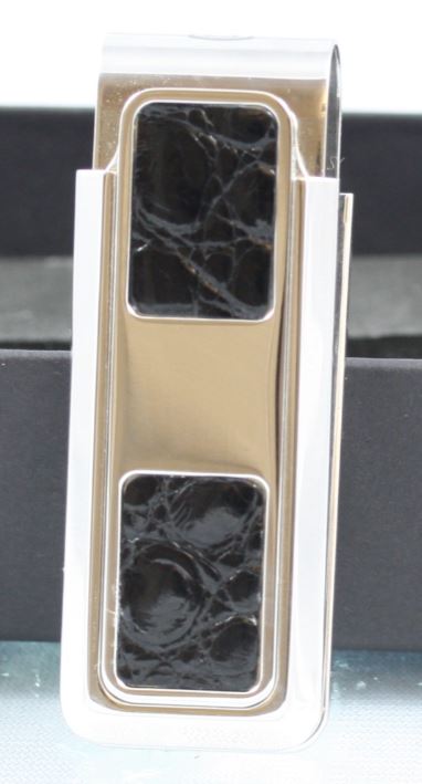 Monterey Rhodium Plated Money Clip Having Black Alligator Inserts On Both Sides And One Two Pocket/ One Standard Slide.