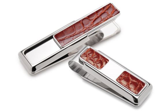 M-Clip Monterey Rhodium Plated Money Clip Having Cognac Alligator Inserts On Both Sides And One Two Pocket/ One Standard Slide.