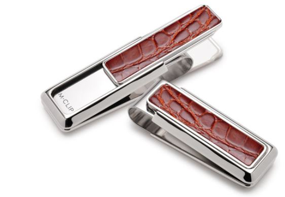 M-Clip Rhodium Plated Money Clip With "Cognac" (Brown) Alligator Inserts On Both Sides