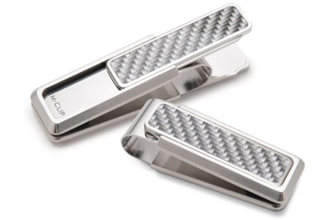 M- Clip Stainless Steel Money Clip With White Carbon Fiber Insert On Both Sides