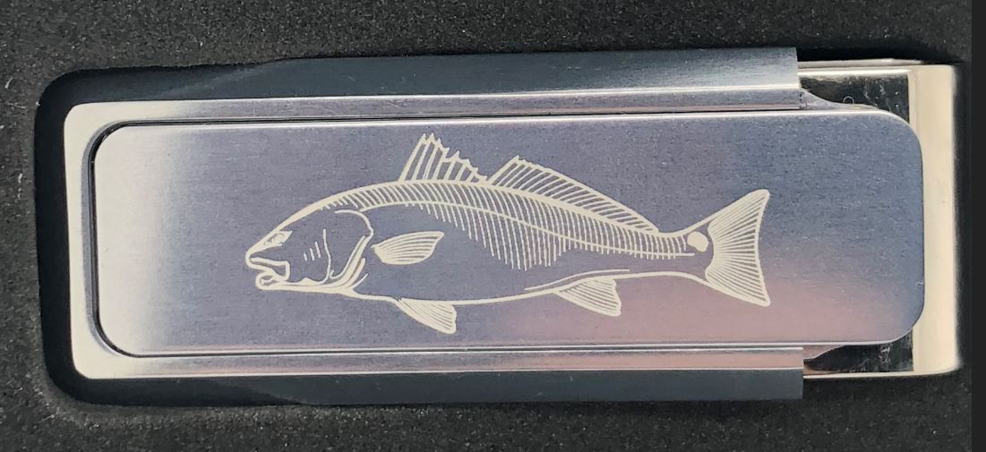 M-Clip Ultralight Anodized Aluminum Money Clip Having An Engraved Redfish Design In Center