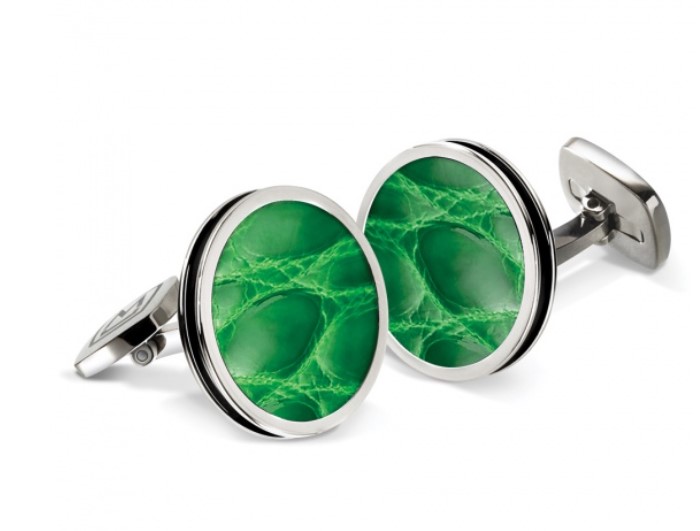 M-Clip Dark Green Alligator Round Cufflinks W/ Ss Border