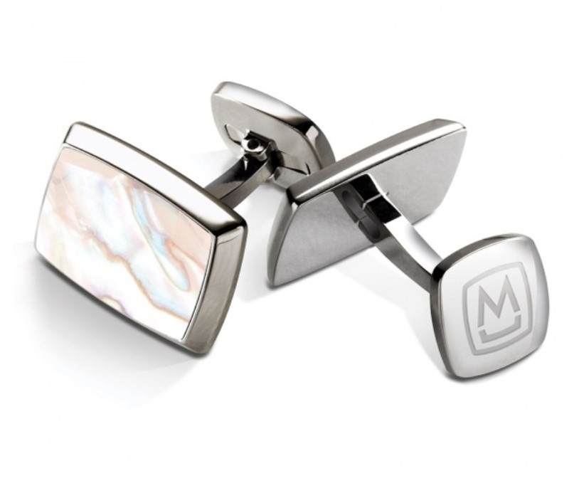 M-Clip White Mother Of Pearl Tapered Rectangle Cufflinks With Stainless Steel  Border