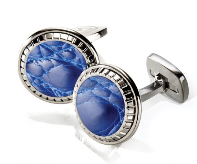 M-Clip Dark Blue Alligator Round Cufflinks With Stainless steel Border