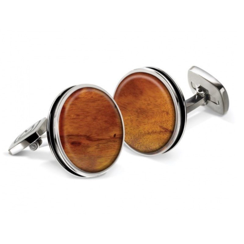 BUBINGA ROUND CUFFLINKS W/ SS BORDER