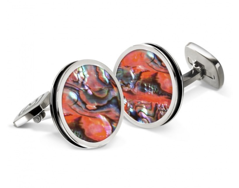 Orange Abalone Round Cufflinks W/ Ss Border