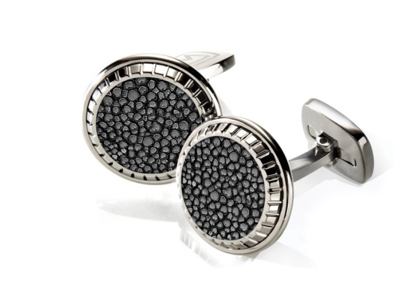 M-Clip Black Stingray Round Cufflinks With A Carved Stainless Steel  Border