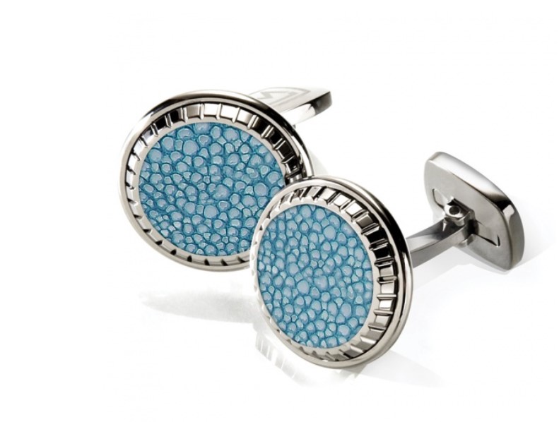 M-Clip Bayside Blue Stingray Round Cufflinks With Carved Ss Border