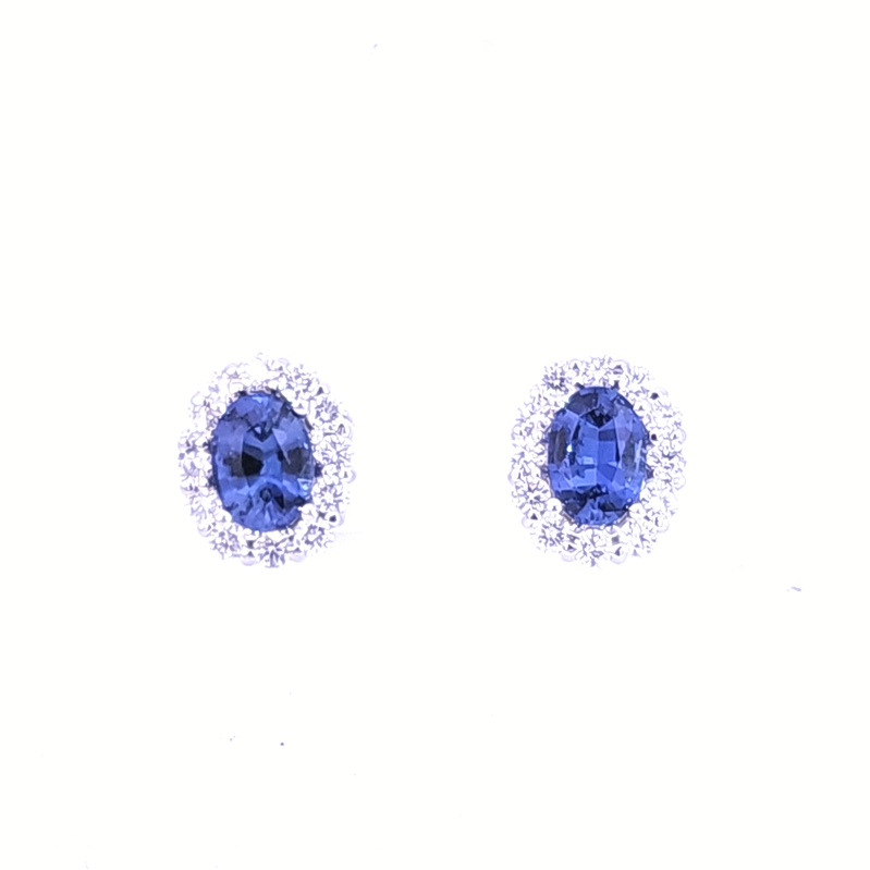 18 Karat White Gold Blue Sapphire And Diamond Halo Stud Earrings