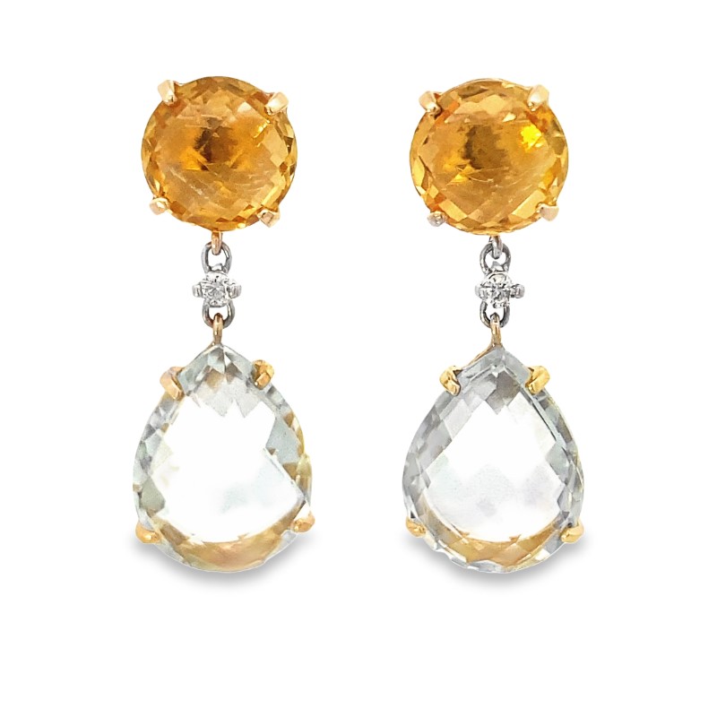 14 Karat Yellow Gold Citrine  Green Amethyst  And Diamond Earring