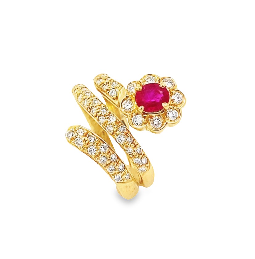 Estate 18 Karat Yellow Gold Ruby And Diamond Coil Ring