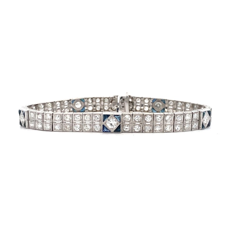 Estate Platinum Diamond And Blue Sapphire Bracelet Measuring 7" Long