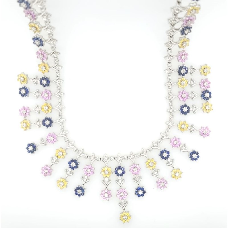 Estate 18 Karat White Gold Multi Color Sapphire And Diamond Flower Necklace Measuring 19 Inches Long