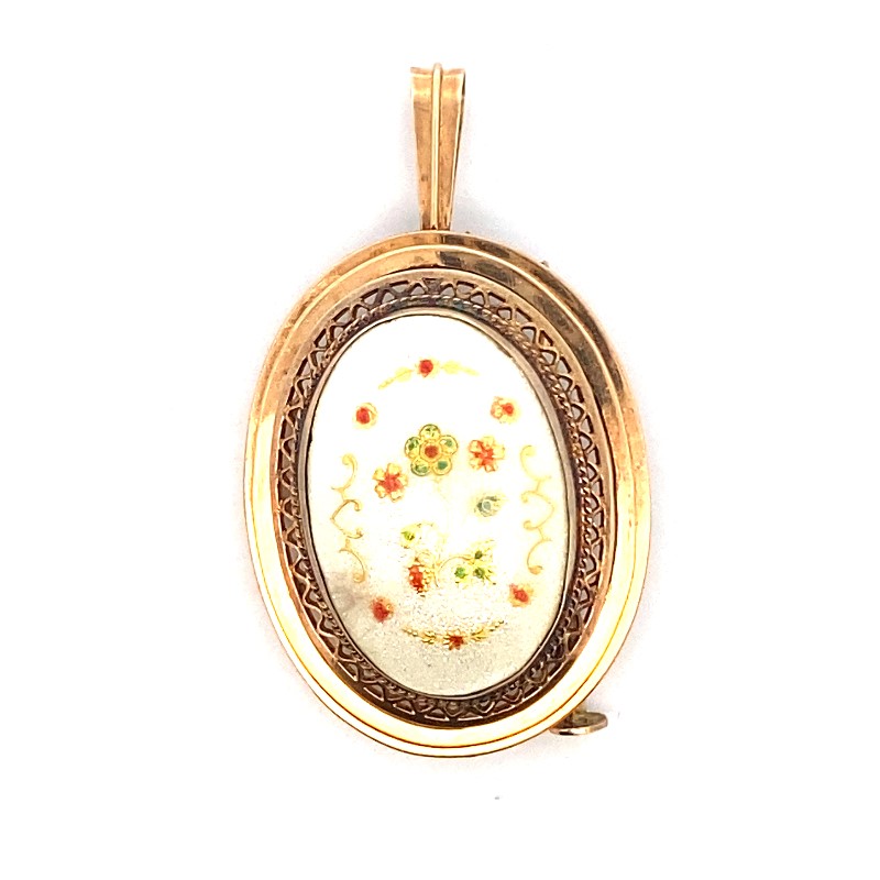 Estate 14 Karat Yellow Gold Hand Painted Oval Brooch Having A White Domed Enamel Center Section With Red And Green Flowers