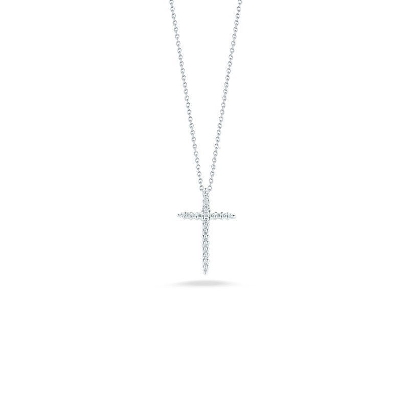 Roberto Coin Eighteen Karat White Gold Small Diamond Cross Pendant Suspended On An Eighteen Karat White Gold Oval Link Chain Measuring 18  Inches Long Adjustable To 16 Inches