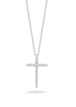 Roberto Coin Eighteen Karat White Gold Small Diamond Cross Pendant Suspended On An Eighteen Karat White Gold Oval Link Chain Measuring 18  Inches Long Adjustable To 16 Inches