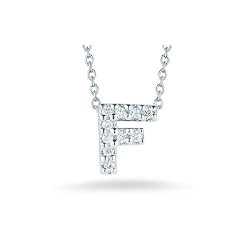 Roberto Coin Eighteen Karat White Gold Diamond "F"  Love Letter Necklace Suspended On An Eighteen Karat White Gold Oval Link Chain Measuring 18 Inches Adjustable To 16 Inches
