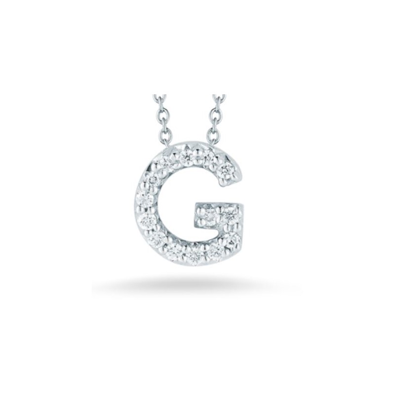 Roberto Coin 18k white gold diamond "G" love letter necklace suspended on an eighteen karat white gold oval link chain measuring 18 inches adjustable to 16 inches
