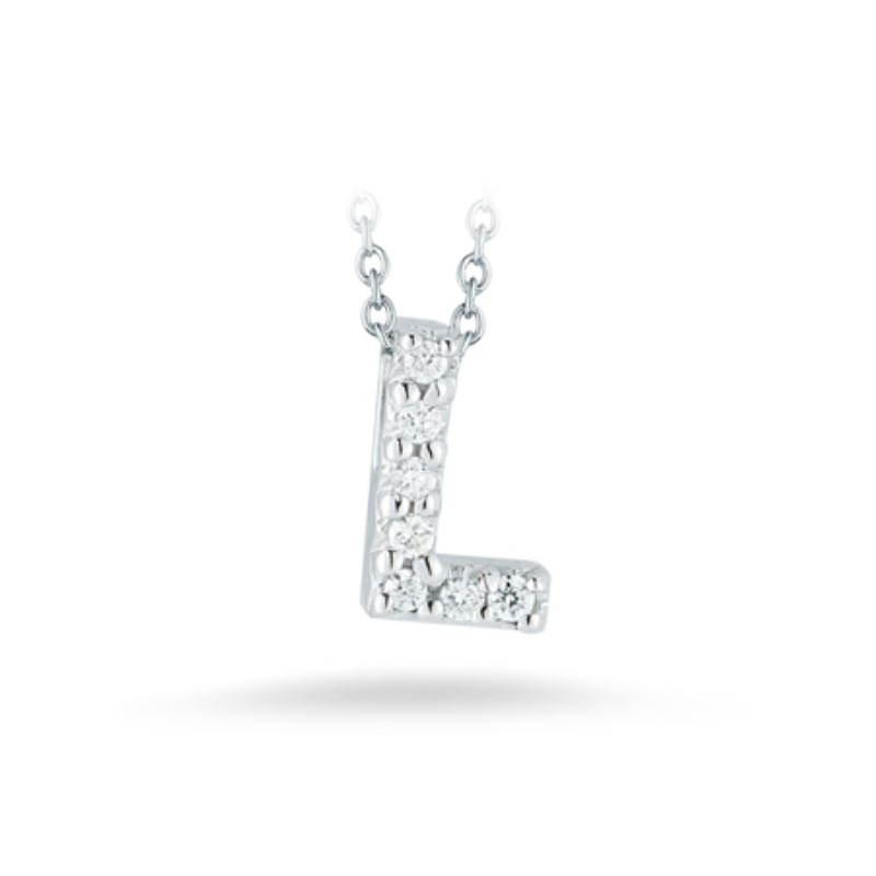 Roberto Coin 18K  White Gold Diamond "L" Love Letter Necklace Suspended On An Eighteen Karat White Gold Oval Link Chain Measuring 18 Inches Adjustable To 16 Inches