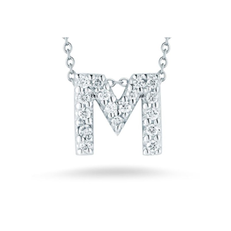 Roberto Coin Eighteen Karat White Gold Diamond "M"  Love Letter Necklace Suspended On An Eighteen Karat White Gold Oval Link Chain Measuring 18 Inches Adjustable To 16 Inches