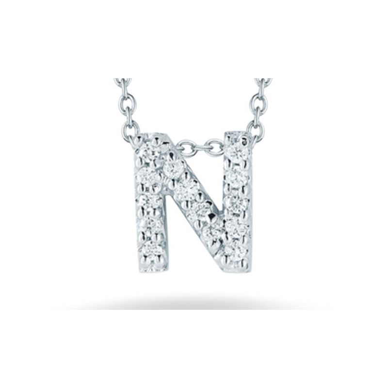 Roberto Coin 18k white gold diamond "N"  love letter necklace suspended on an eighteen karat white gold oval link chain measuring 18 inches adjustable to 16 inches