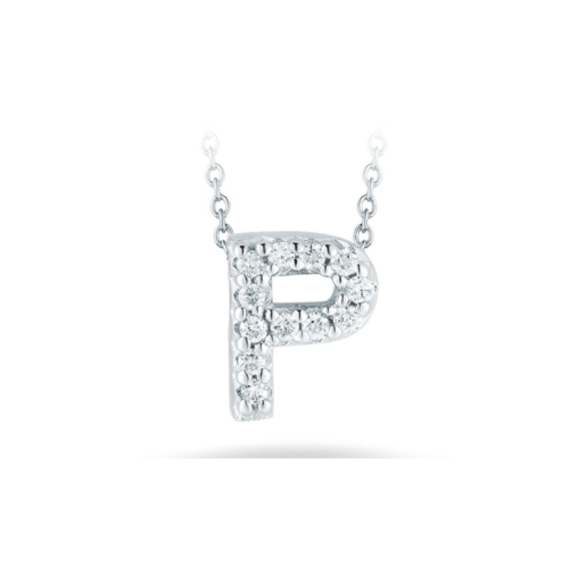 Roberto Coin 18kwhite gold diamond "P"  love letter necklace suspended on an eighteen karat white gold oval link chain measuring 18 inches adjustable to 16 inches