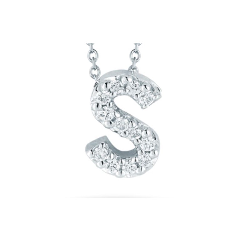 Roberto Coin 18k white gold diamond "S"  love letter necklace suspended on an eighteen karat white gold oval link chain measuring 18 inches adjustable to 16 inches