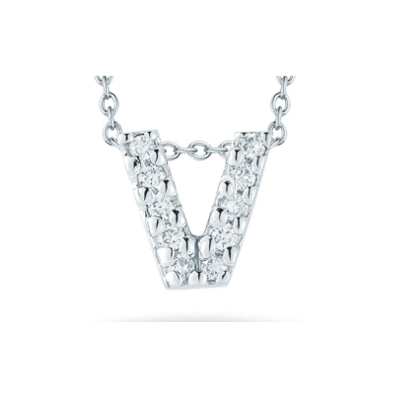 Roberto Coin 18k white gold diamond "V" love letter necklace suspended on an eighteen karat white gold oval link chain measuring 18 inches adjustable to 16 inches