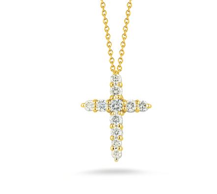Roberto Coin Eighteen Karat Yellow Gold Diamond Cross Pendant Suspended On An Eighteen Karat Yellow Gold Oval Link Chain 18 Inches Long Adjustable To 16 Inches