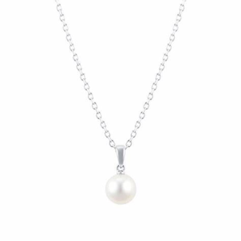 Mikimoto 18 Karat White Gold Pearl And Diamond Pendant Having A Smooth Bail With 1 Full Cut Diamond Weighing Approximately 0.05 Carat And Graded F For Color And VS1 For Clarity Prong Set Connected To An 'AA' Quality White Pearl On A Flat Oval Link Chain M