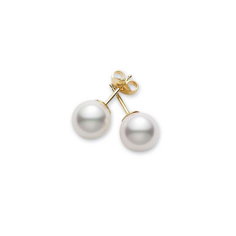 Mikimoto pearl stud earrings  each with 1 cultured pearl measuring 8.0 x 8.5mm of A quality and 18 karat yellow gold post and friction back.