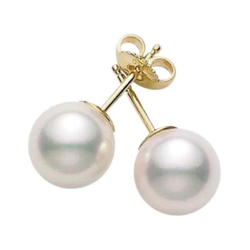 Mikimoto 18 Karat Yellow Gold White Cultured Pearl Studs  Each Measuring 7.5X8mm  "A" Quality