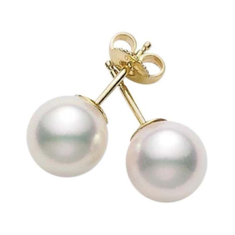 Mikimoto 18 Karat Yellow Gold White Cultured Pearl Studs  Each Measuring 7.5X8mm  