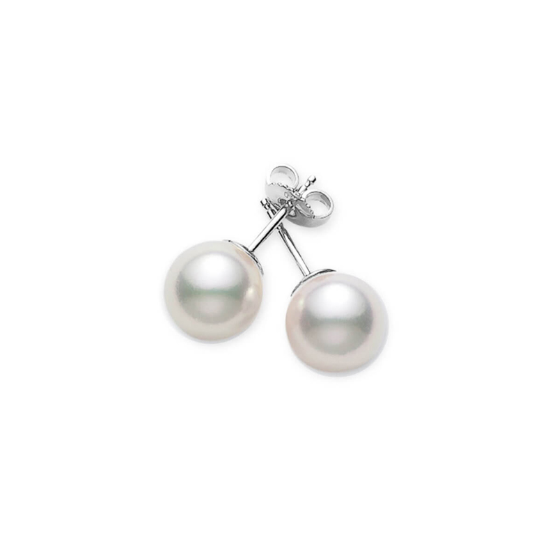 Mikimoto pearl stud earrings  each with 1 cultured pearl measuring 8.0 x 8.5mm of A quality and an 18 karat white gold post and back.