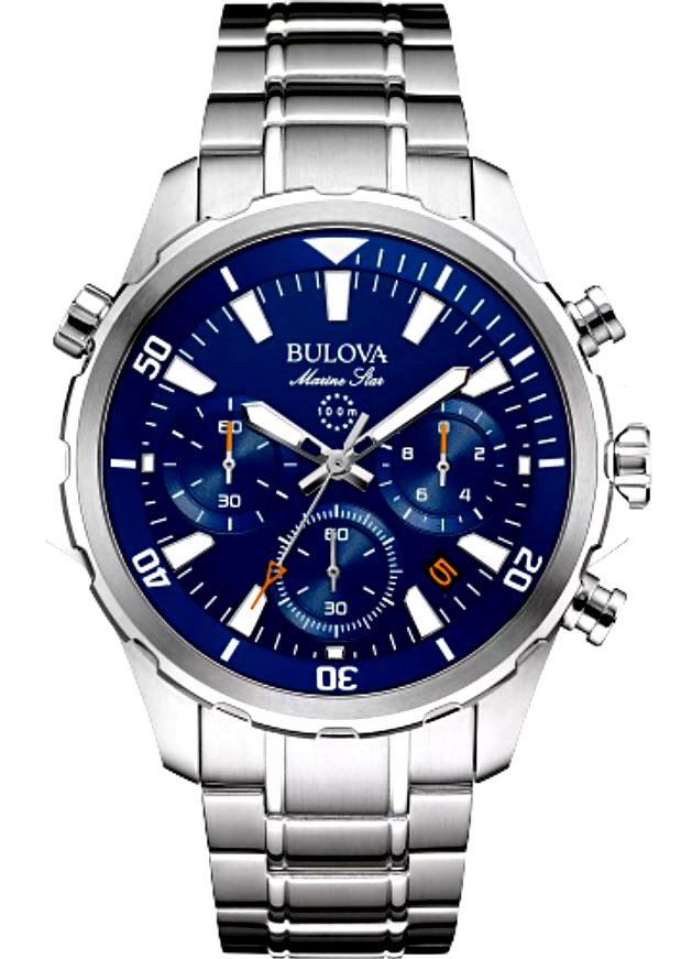 Bulova Gts Stainless Steel Marine Star Chronograph Watch. The Watch Contains A Rnd Blu Dial 3 Sub-Dials Luminous Hands & Markers Smooth Bezel Quartz Movement & A Stainless Lnk Bracelet W/Fold-Over Closure W/Pushers Safety Bar & Extender