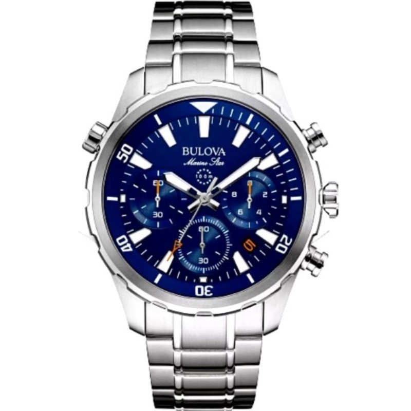 Bulova Gts Stainless Steel Marine Star Chronograph Watch. The Watch Contains A Rnd Blu Dial 3 Sub-Dials Luminous Hands & Markers Smooth Bezel Quartz Movement & A Stainless Lnk Bracelet W/Fold-Over Closure W/Pushers Safety Bar & Extender