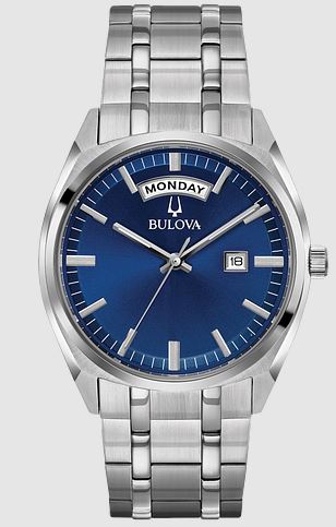 Bulova gent s Classic 38mm stainless steel timepiece. The watch has a blue marker day date dial silver tone bezel mineral crystal & battery powered quartz movement water resistant to 30 meters. The stainless steel 5 row link bracelet has a push buttonf