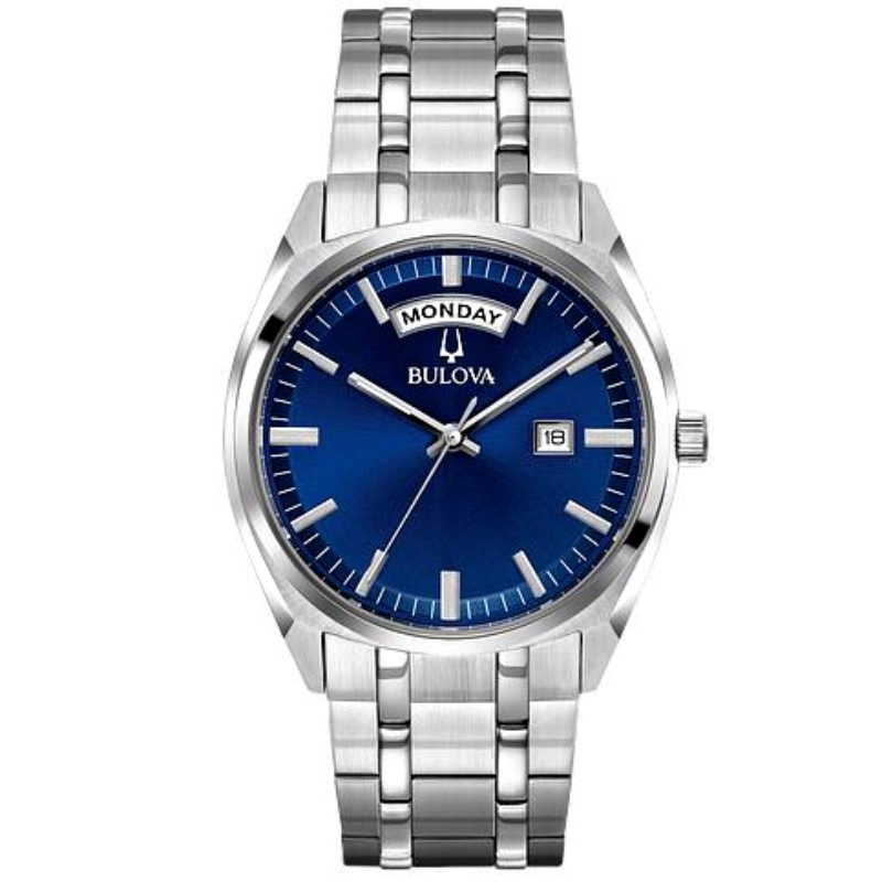 Bulova gent s Classic 38mm stainless steel timepiece. The watch has a blue marker day date dial silver tone bezel mineral crystal & battery powered quartz movement water resistant to 30 meters. The stainless steel 5 row link bracelet has a push buttonf