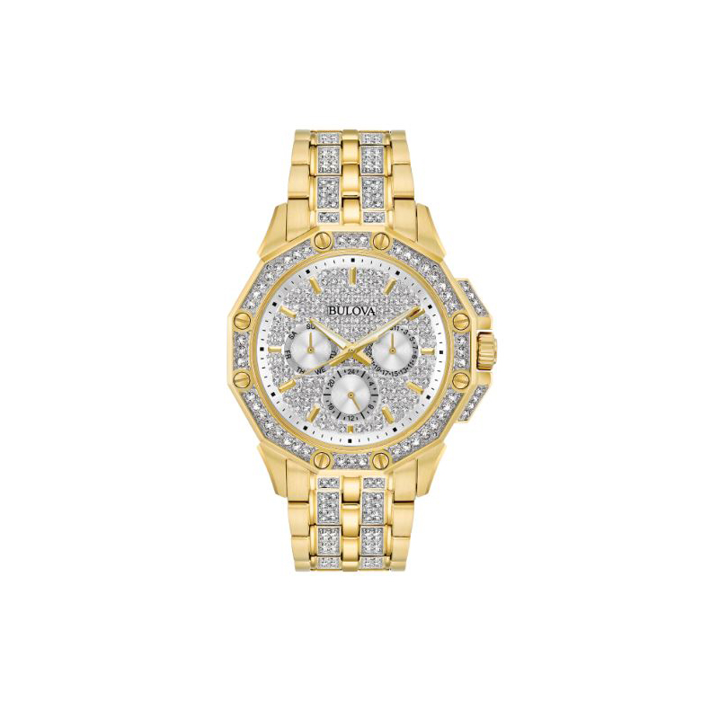 Bulova Octava Stainless Steel 41.7Mm Case Having A Gold Overtone With A Full Crystal Dial Having Yellow Markers And 3 Sub Dials (Day  Date And 24 Hour) Crystal Bezel And A Mineral Crystal