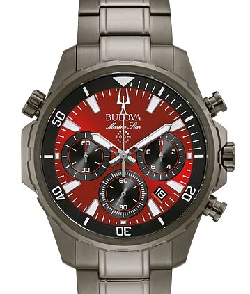 Bulova Marine Star Watch Having A Red Chronograph Date Dial With A Rotating Time Lapse Bezel Ring  Gray Stainless Steel Case And Link Bracelet