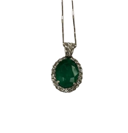 14 Karat White Gold Emerald And Diamond Pendant