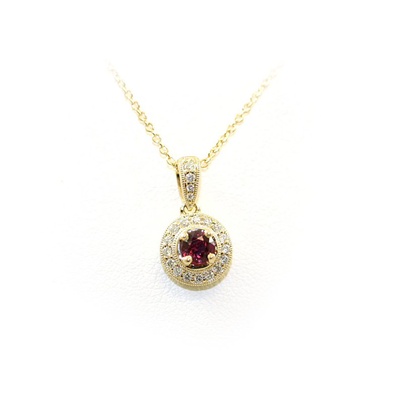 14Ky Diamond And Ruby Pendant Suspended On A 18" Thing Wheat Chain W/Spring Ring Clasp