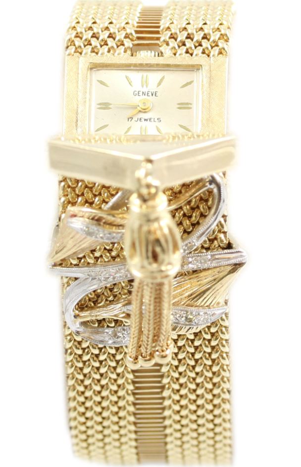 Estate Geneve 14 Karat Yellow Gold Diamond Mesh Watch Bracelet