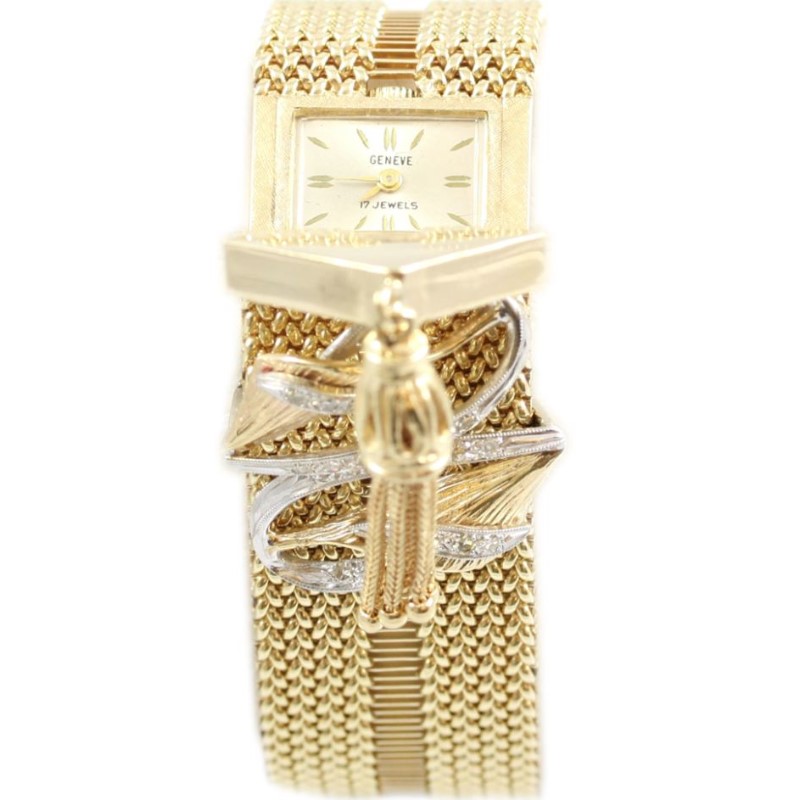 Estate Geneve 14 Karat Yellow Gold Diamond Mesh Watch Bracelet